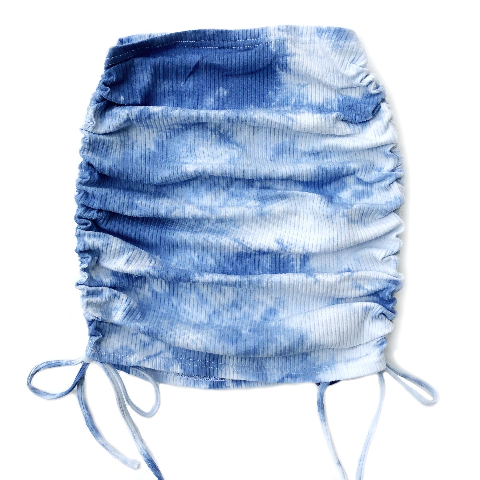 Women Clothing Elastic Pleated Knitted Skirt Sunken Stripe Side Drawstring Sexy Tie-Dyed Hip Skirt Tie-Dye Blue