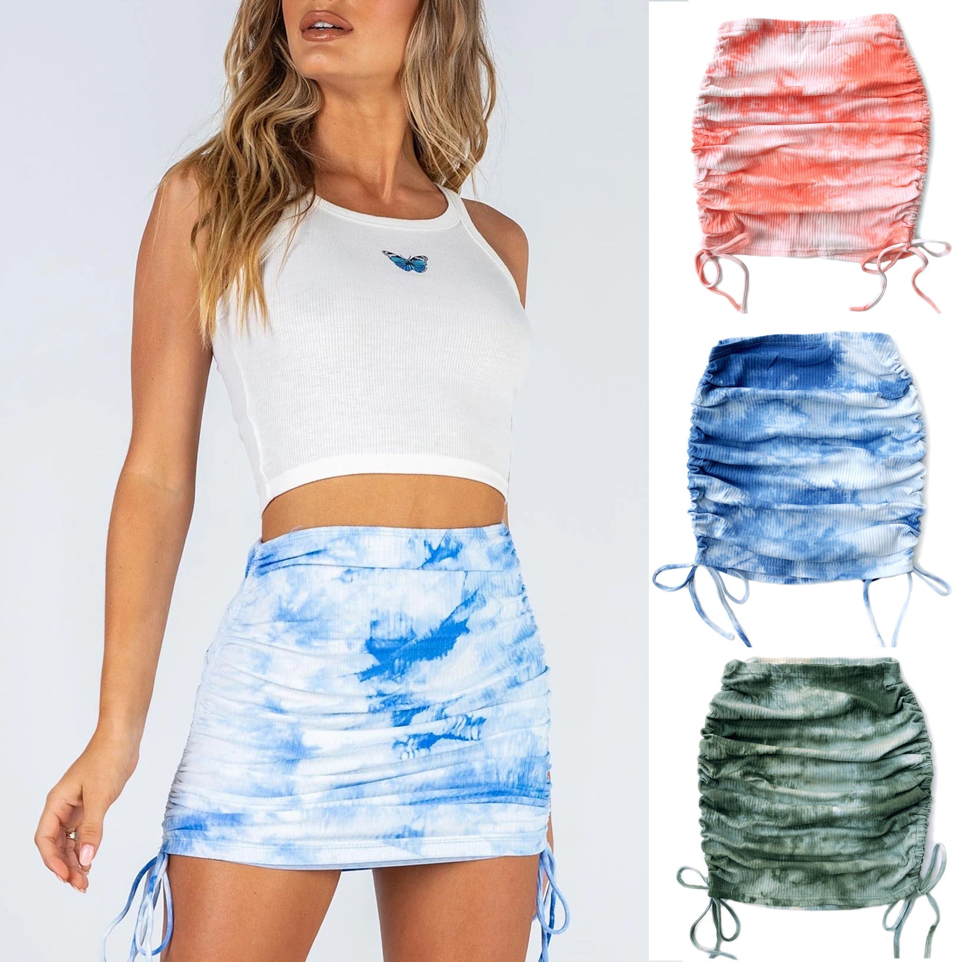 Women Clothing Elastic Pleated Knitted Skirt Sunken Stripe Side Drawstring Sexy Tie-Dyed Hip Skirt