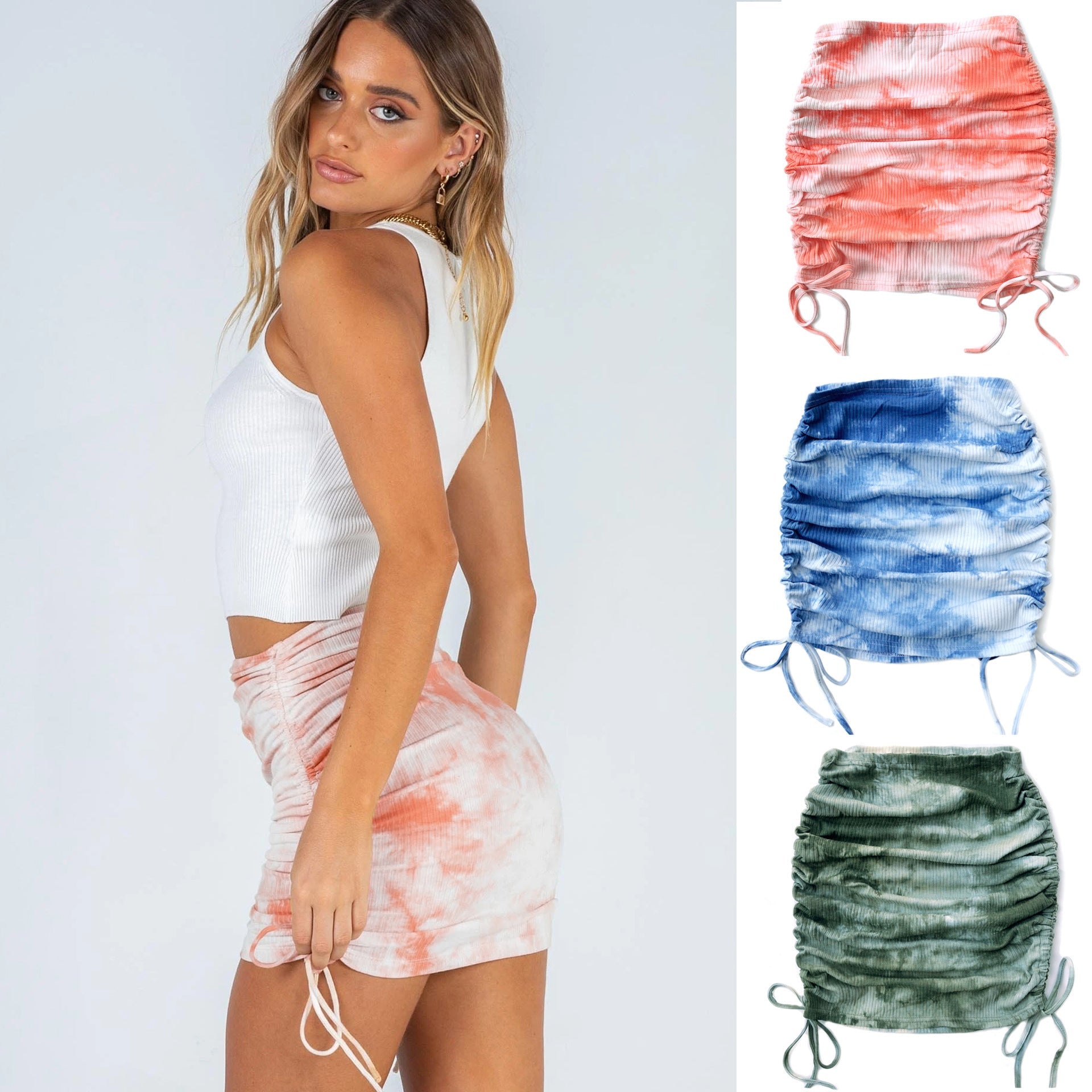 Women Clothing Elastic Pleated Knitted Skirt Sunken Stripe Side Drawstring Sexy Tie-Dyed Hip Skirt