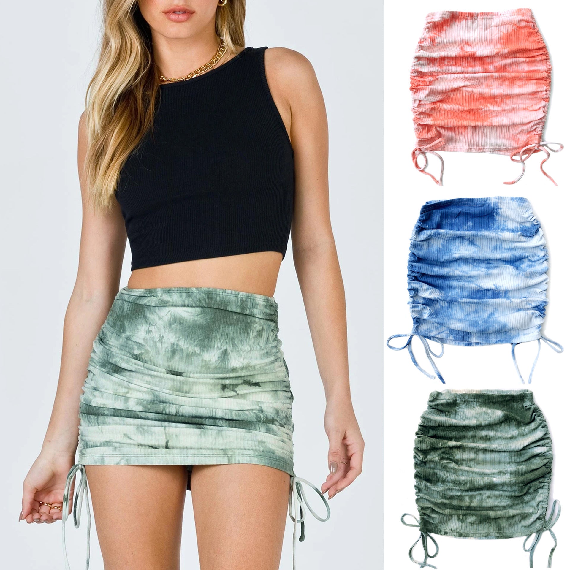 Women Clothing Elastic Pleated Knitted Skirt Sunken Stripe Side Drawstring Sexy Tie-Dyed Hip Skirt