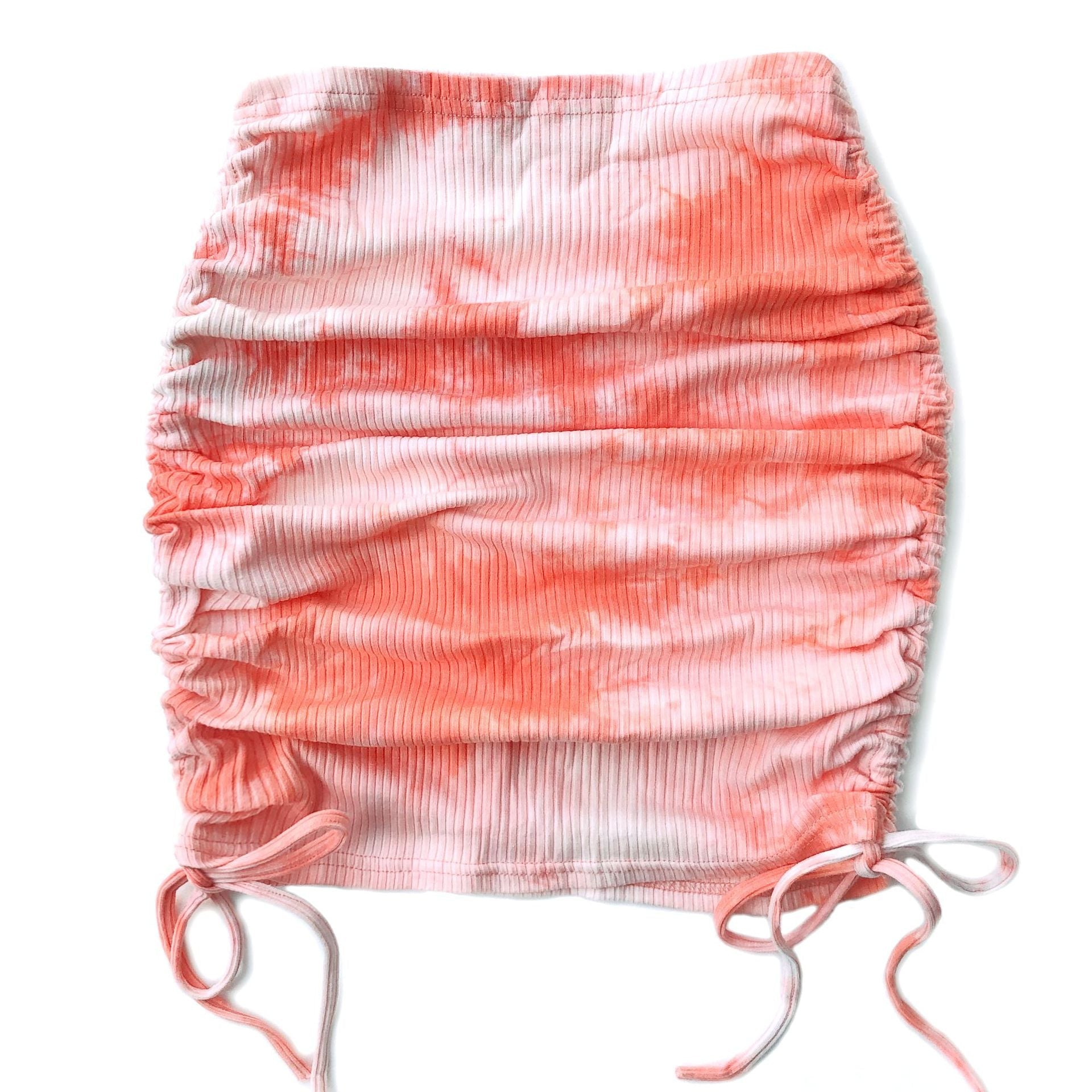 Women Clothing Elastic Pleated Knitted Skirt Sunken Stripe Side Drawstring Sexy Tie-Dyed Hip Skirt Tie-Dye Pink