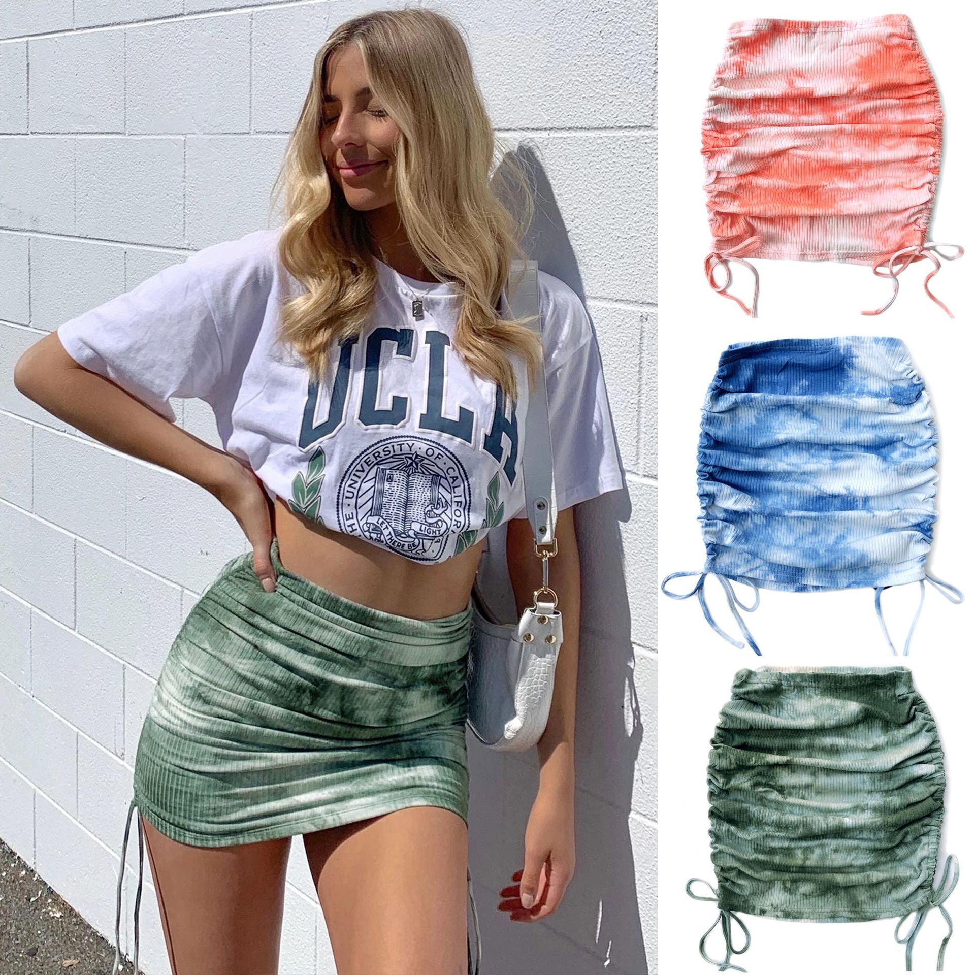 Women Clothing Elastic Pleated Knitted Skirt Sunken Stripe Side Drawstring Sexy Tie-Dyed Hip Skirt