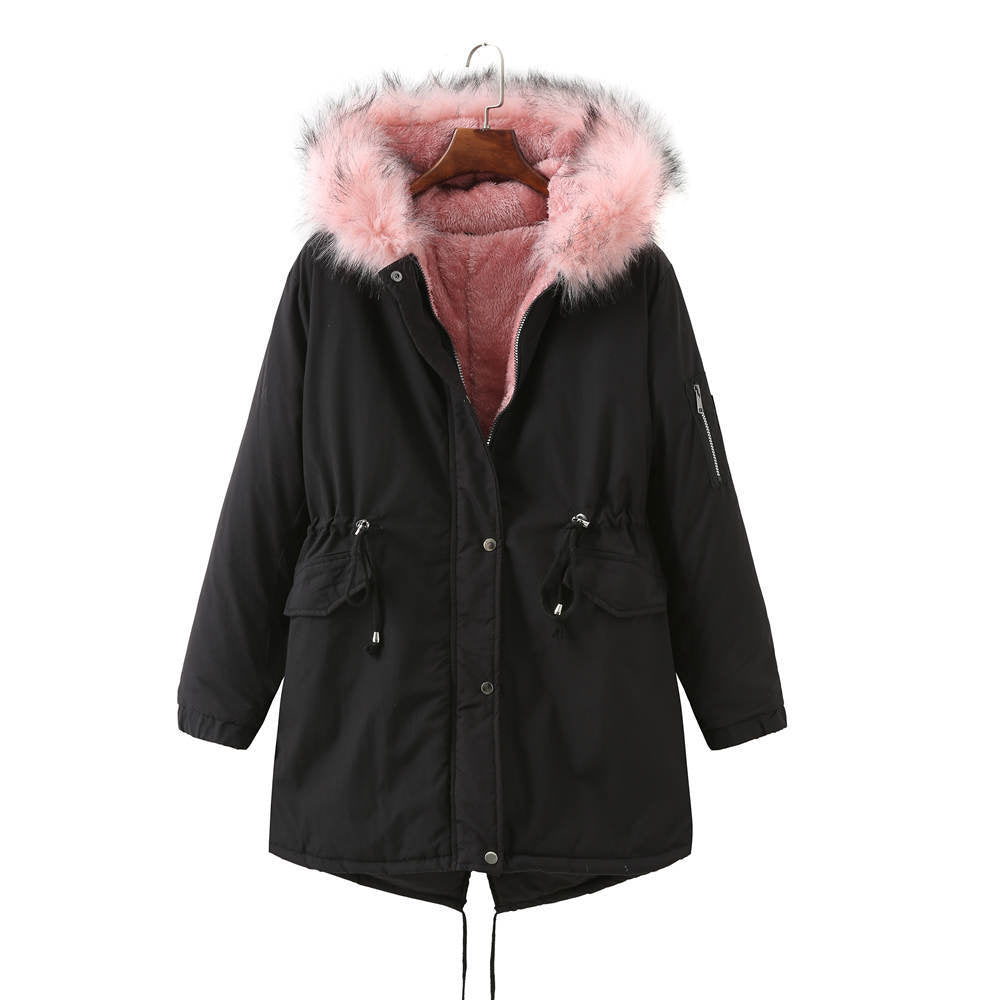 Winter Fleece-Lined Thickened -Size Cotton-Padded Coat Plus Size Black Pink Wool