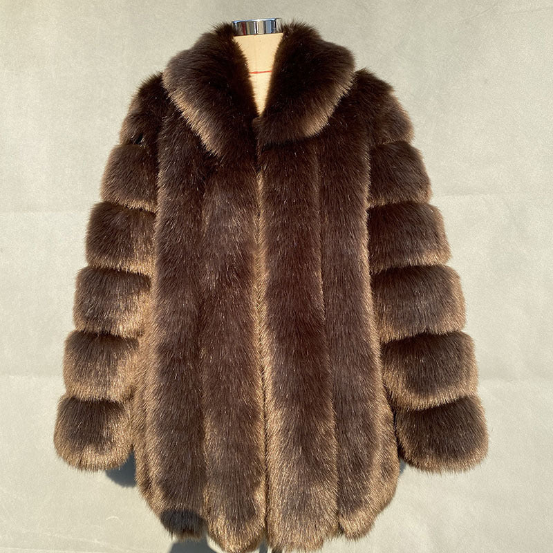 Winter New Fur Coat Women Faux Fur Mid Length Fur Coat Women Plus Size Brown