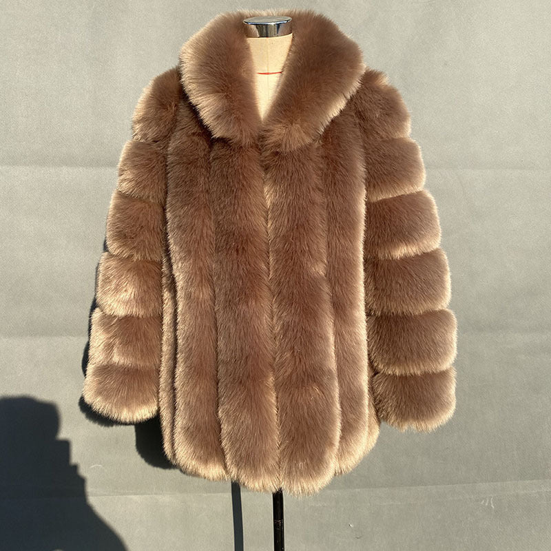 Winter New Fur Coat Women Faux Fur Mid Length Fur Coat Women Plus Size Deep Camel