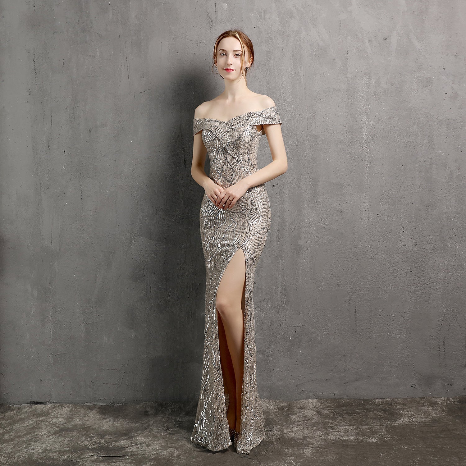 Women Fairy Dream Socialite Gathering Party Evening Dress Sexy Long Slimming Toast Dress Bride Apricot silver