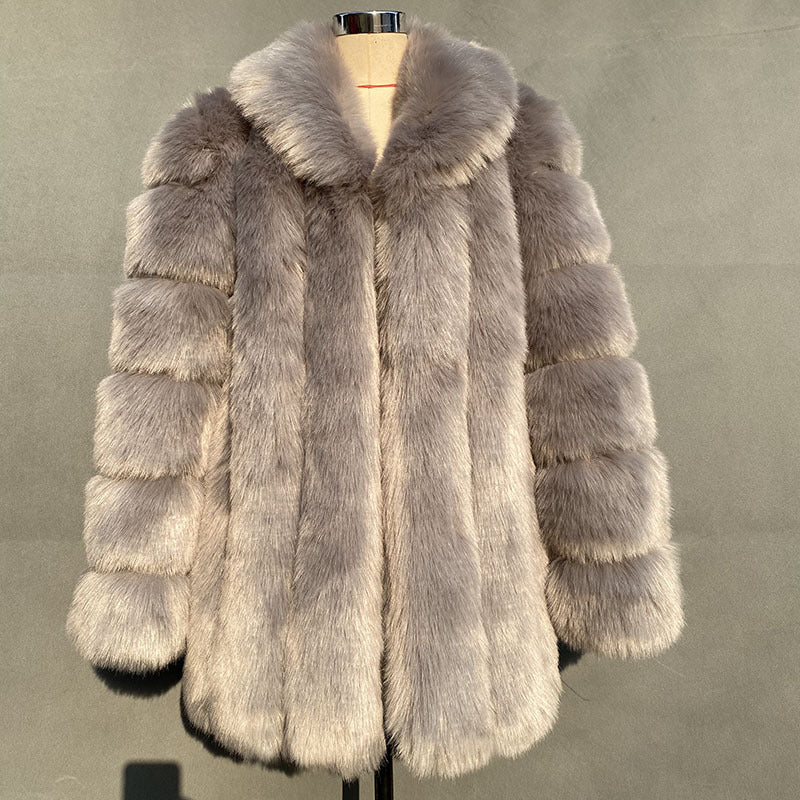 Winter New Fur Coat Women Faux Fur Mid Length Fur Coat Women Plus Size Gray