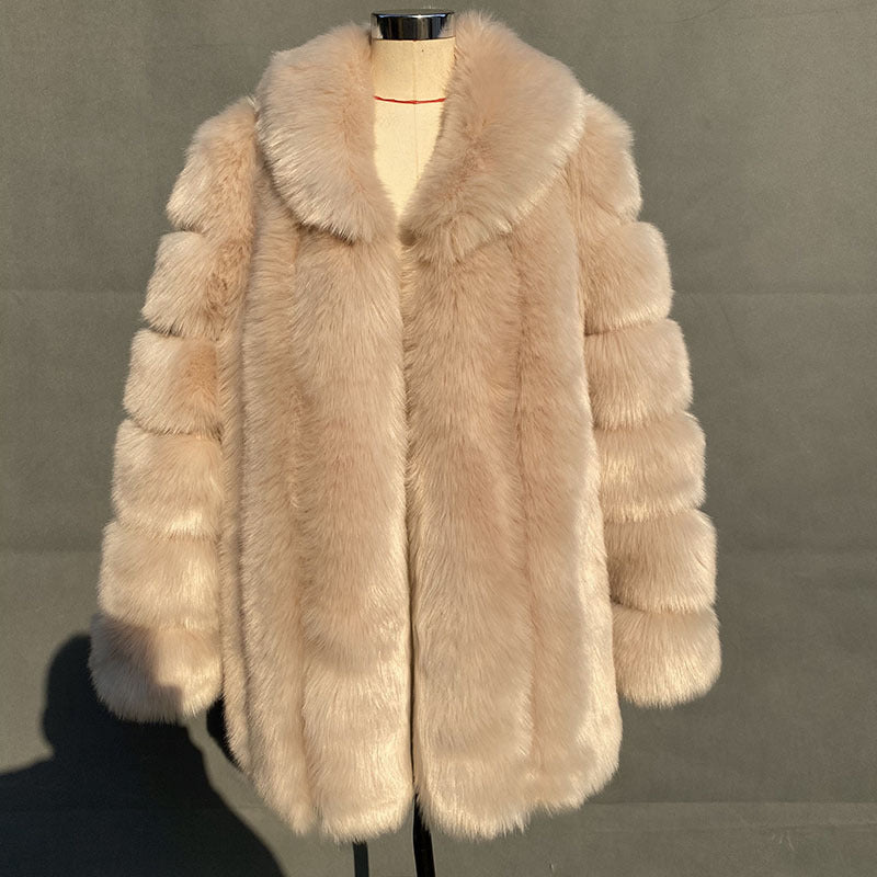 Winter New Fur Coat Women Faux Fur Mid Length Fur Coat Women Plus Size M Camel