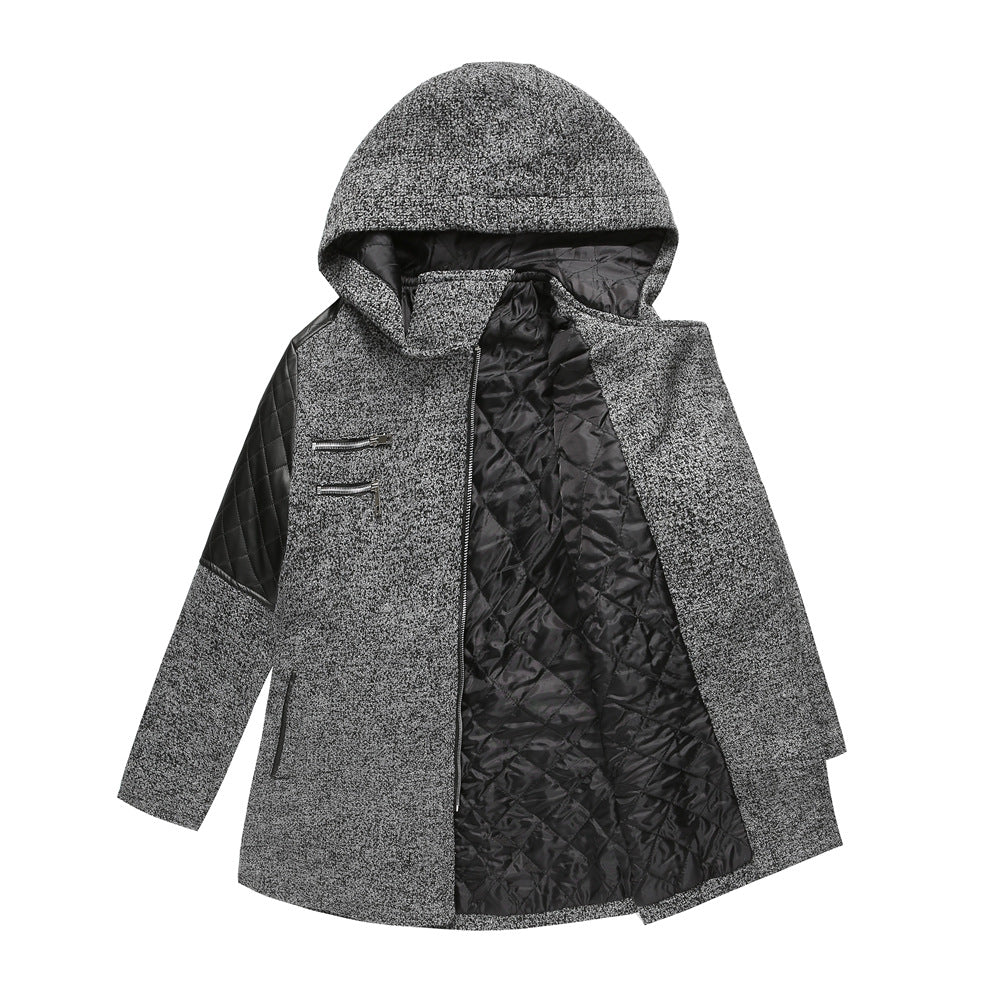 Women Autumn Winter Hooded Woolen Coat Warm Coat Plus Size Dark Grey