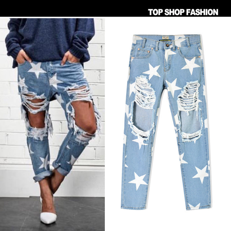 Women Clothing Ripped Denim Baggy Straight Trousers XINGX Printed Pants Bf Cropped Pants Ripped Light Blue