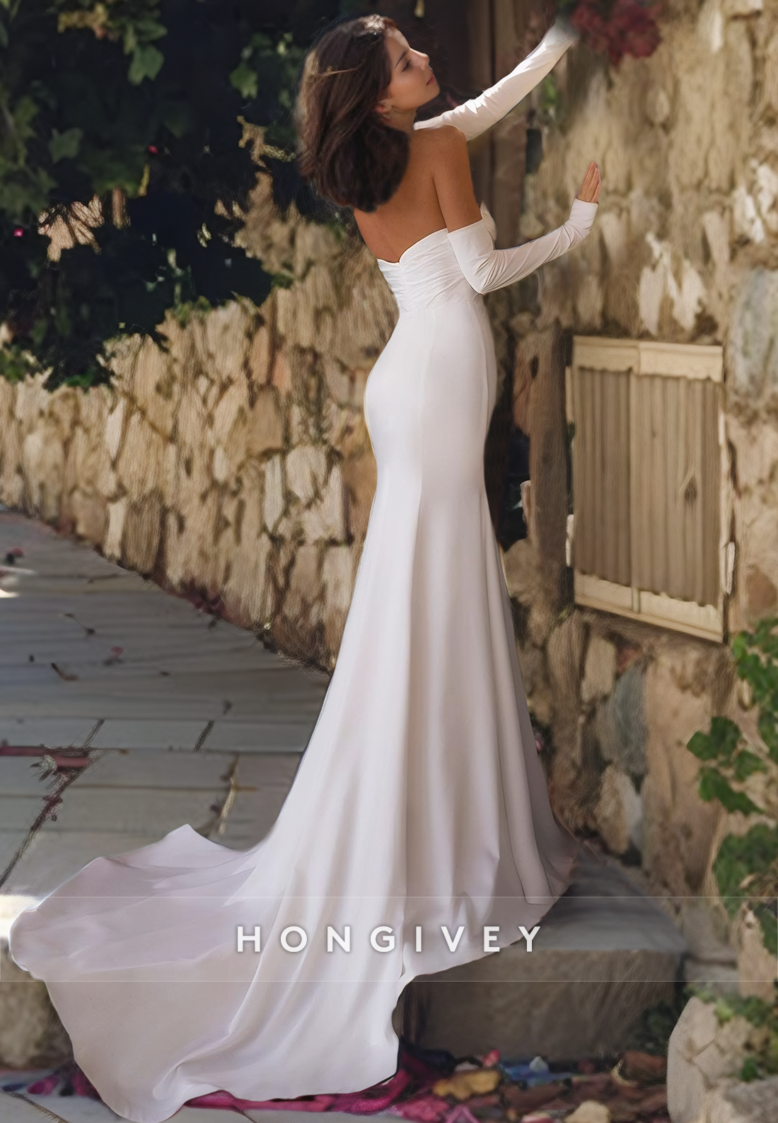 Sexy Simple Long Sleeves Strapless With Train And Slit Wedding Dress