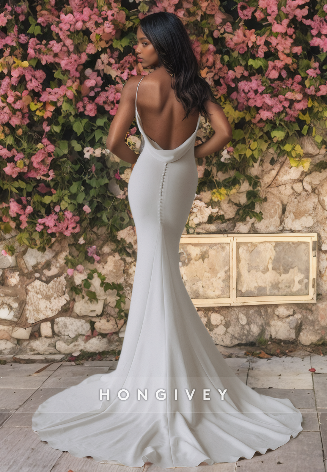 Sexy Fitted Satin Vneck Spaghetti Straps Open Back With Train Wedding Dress