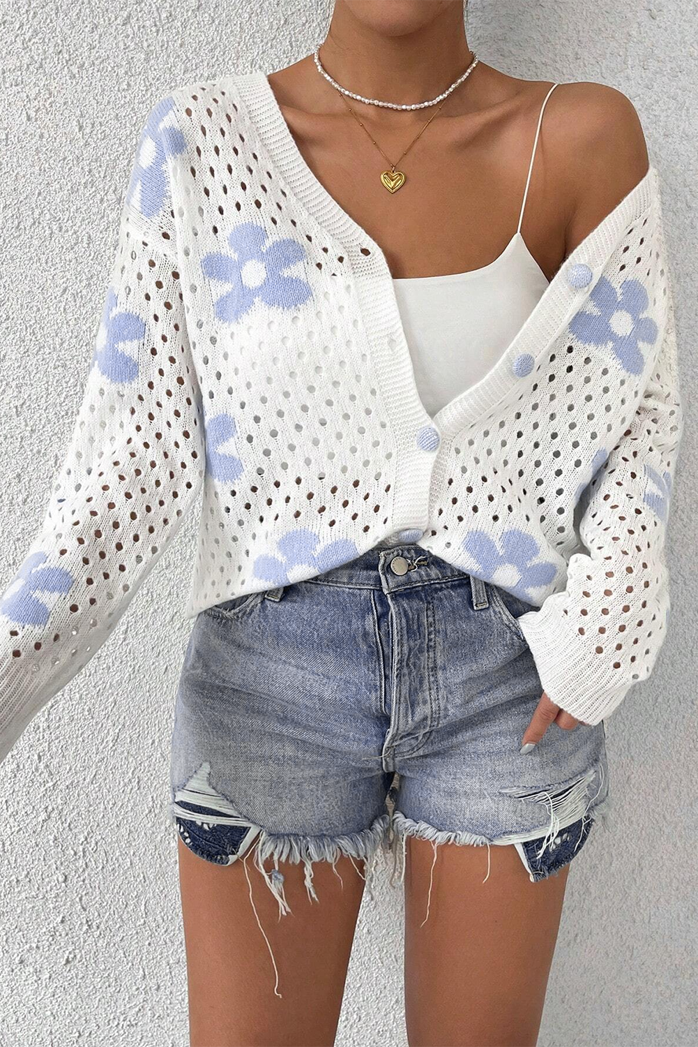 White Flower Knit Hollow Out Open Short Cardigan