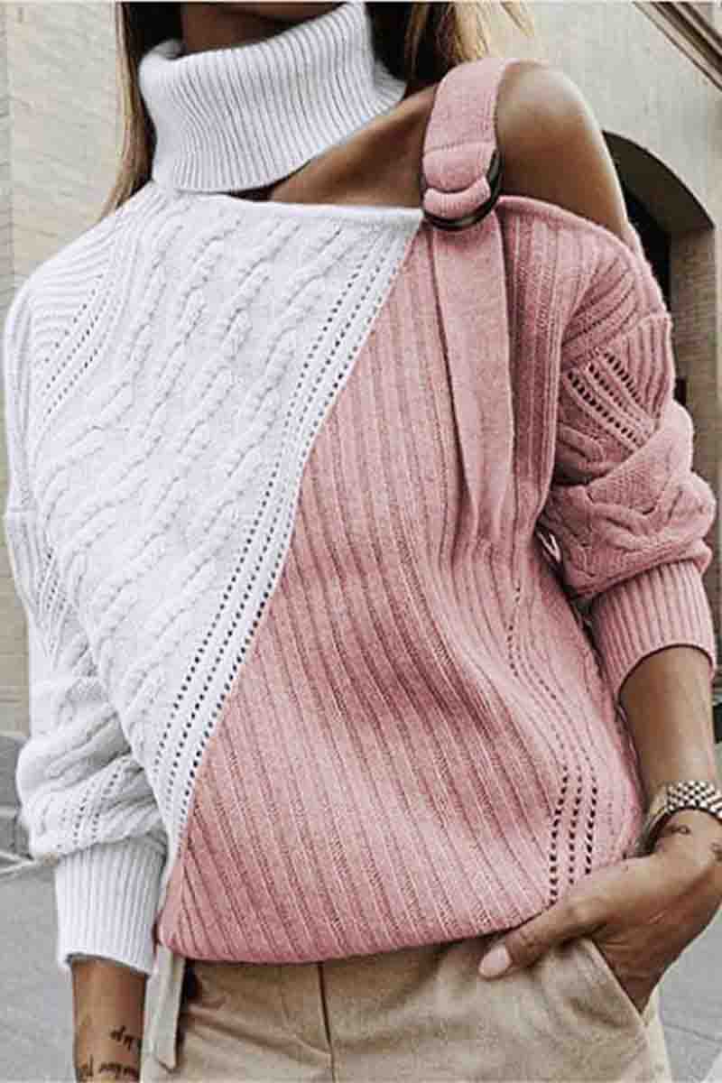 Turtleneck One Shoulder Patchwork Loose  Sweater（4 Colors）