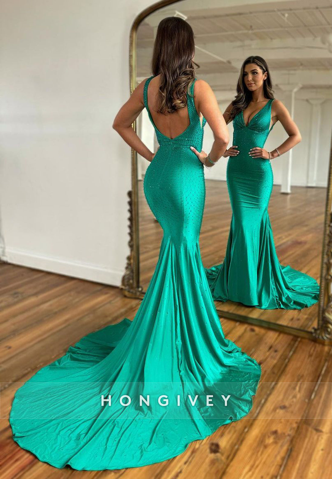 L Sexy Trumpt Satin Vneck Straps Backless With Train Party Prom Evening Dress