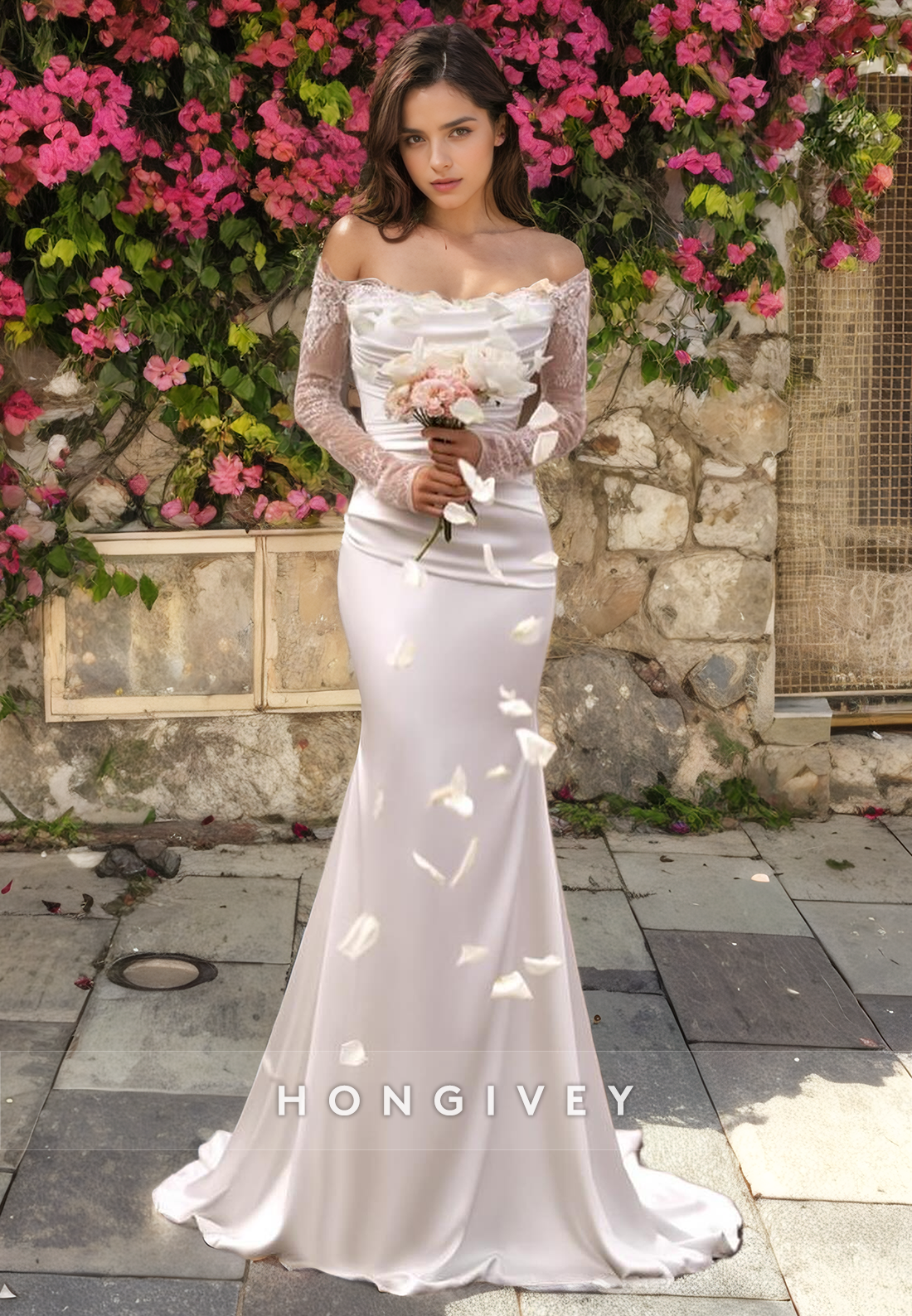 Sexy Trumpet Offshoulder Long Sleeve With Overskirt Beach Wedding Dress