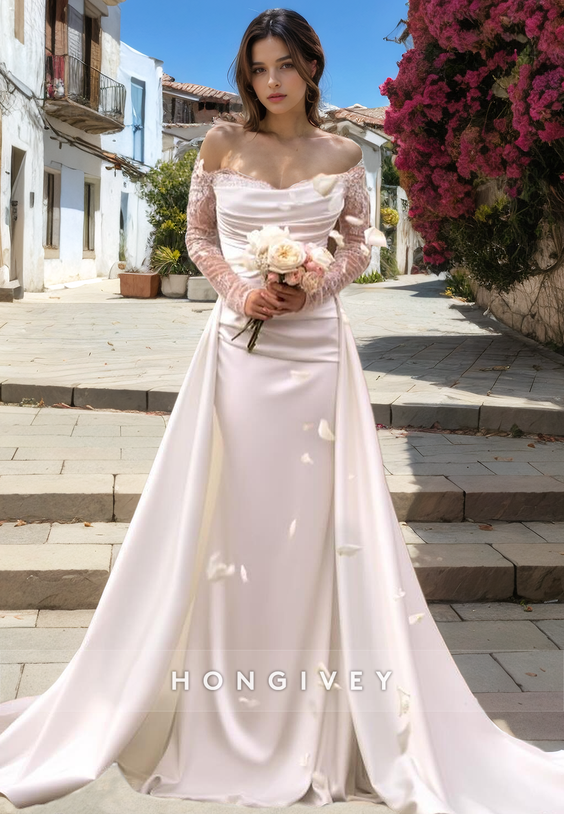 Sexy Trumpet Offshoulder Long Sleeve With Overskirt Beach Wedding Dress