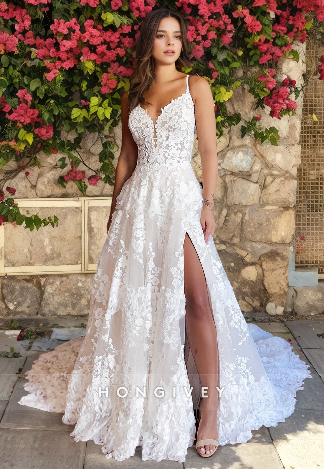 Elegant Aline Vneck Spaghetti Straps With Side Slit Lace Wedding Dress