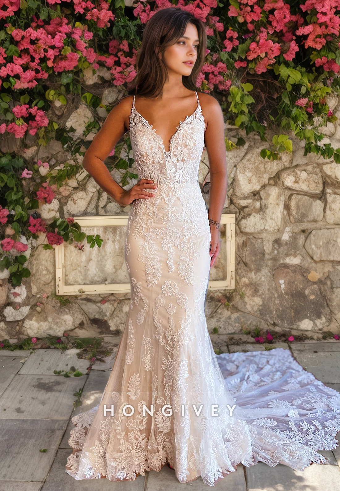 H Sexy Lace Aline Vneck Beaded Spaghetti Straps Empire Appliques With Train Wedding Dress