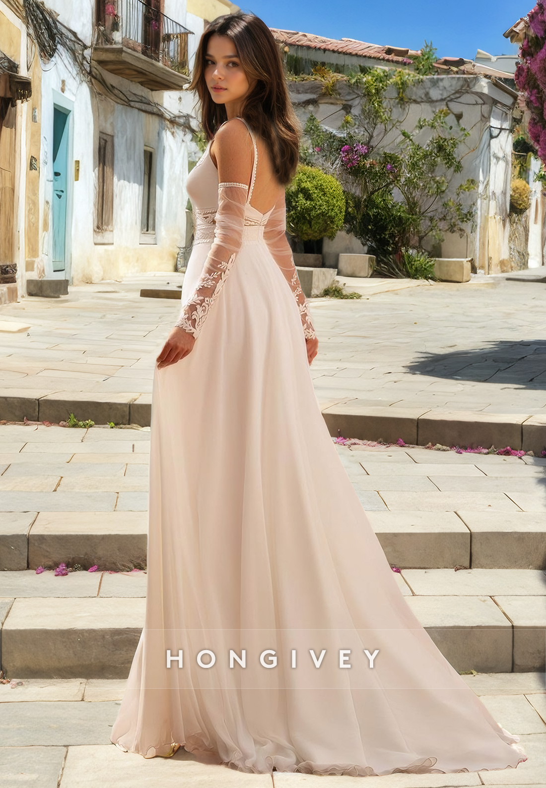 Aline Vneck Spaghetti Straps With Side Slit Sheer Wedding Dress