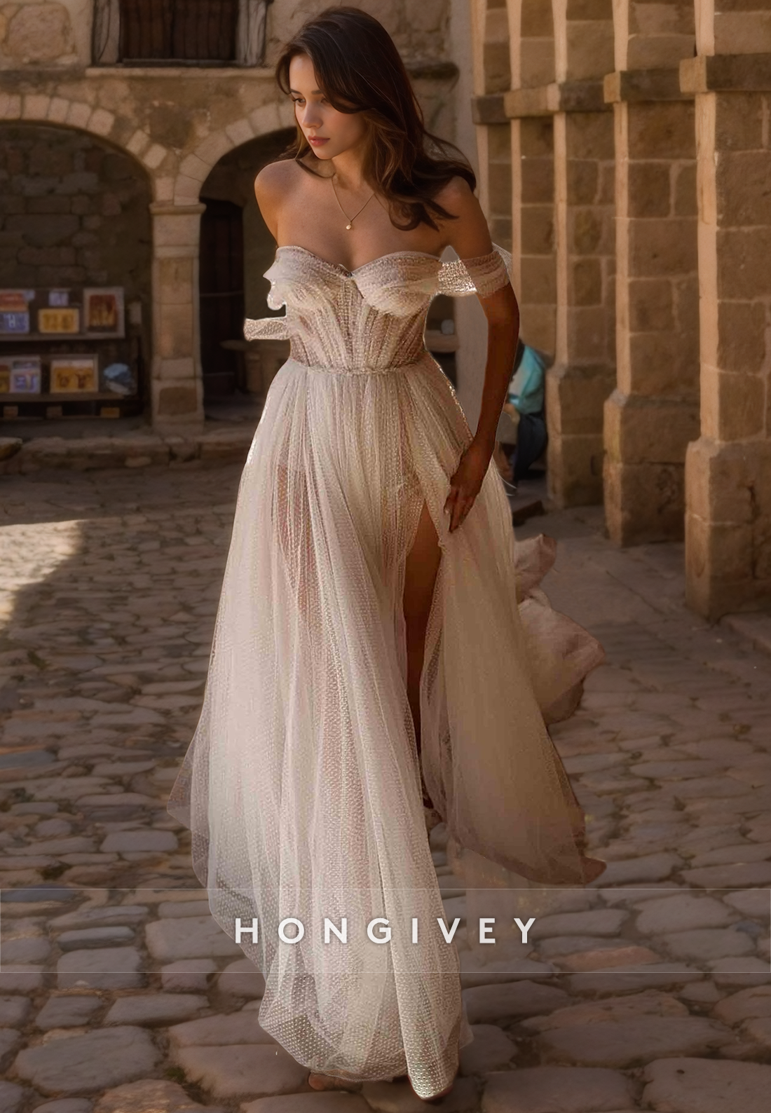 Sheer Tulle Aline Offshoulder With Side Slit Wedding Dress