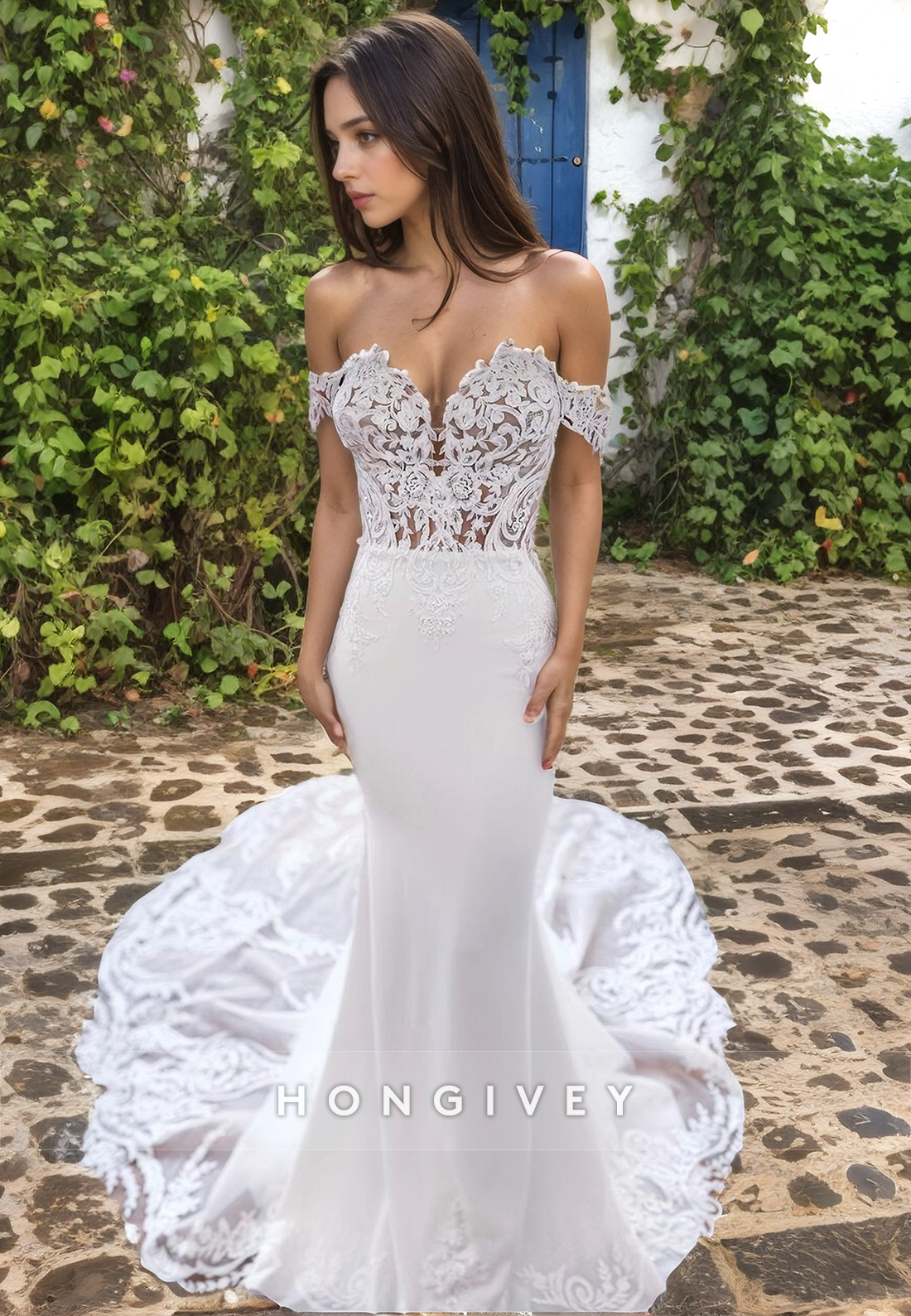 Chic Trumpet Offshoulder Lace Applique With Train Wedding Dress