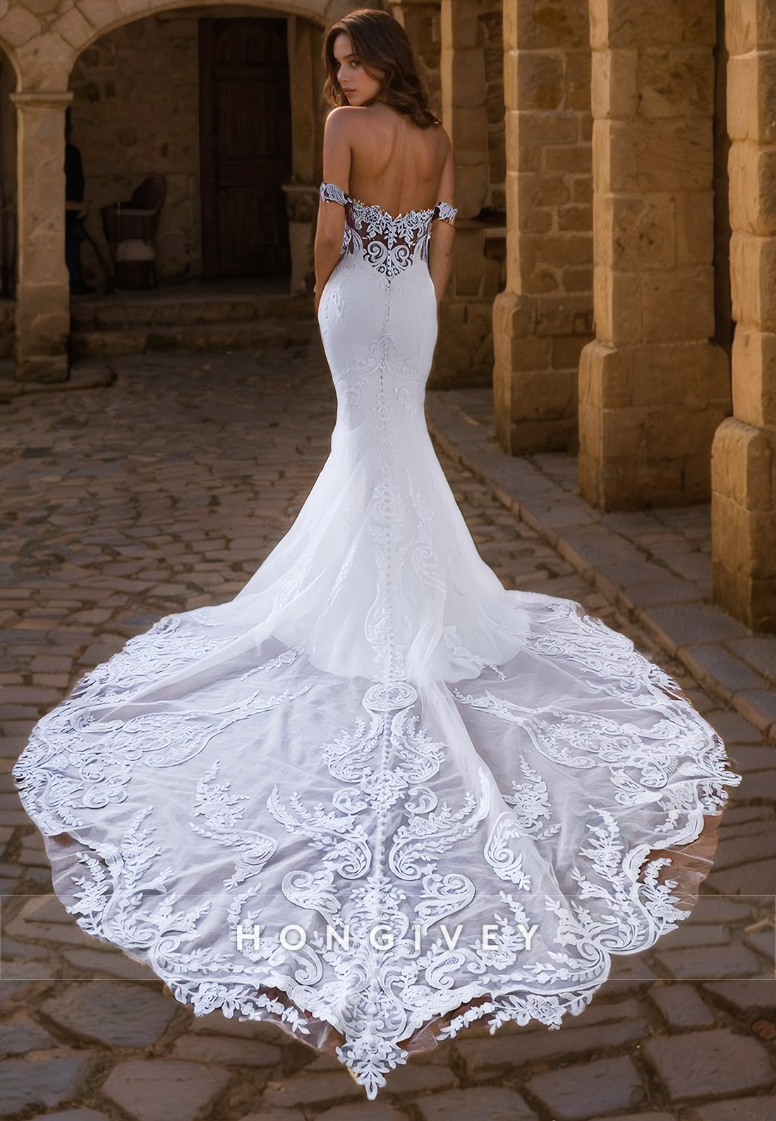 Chic Trumpet Offshoulder Lace Applique With Train Wedding Dress