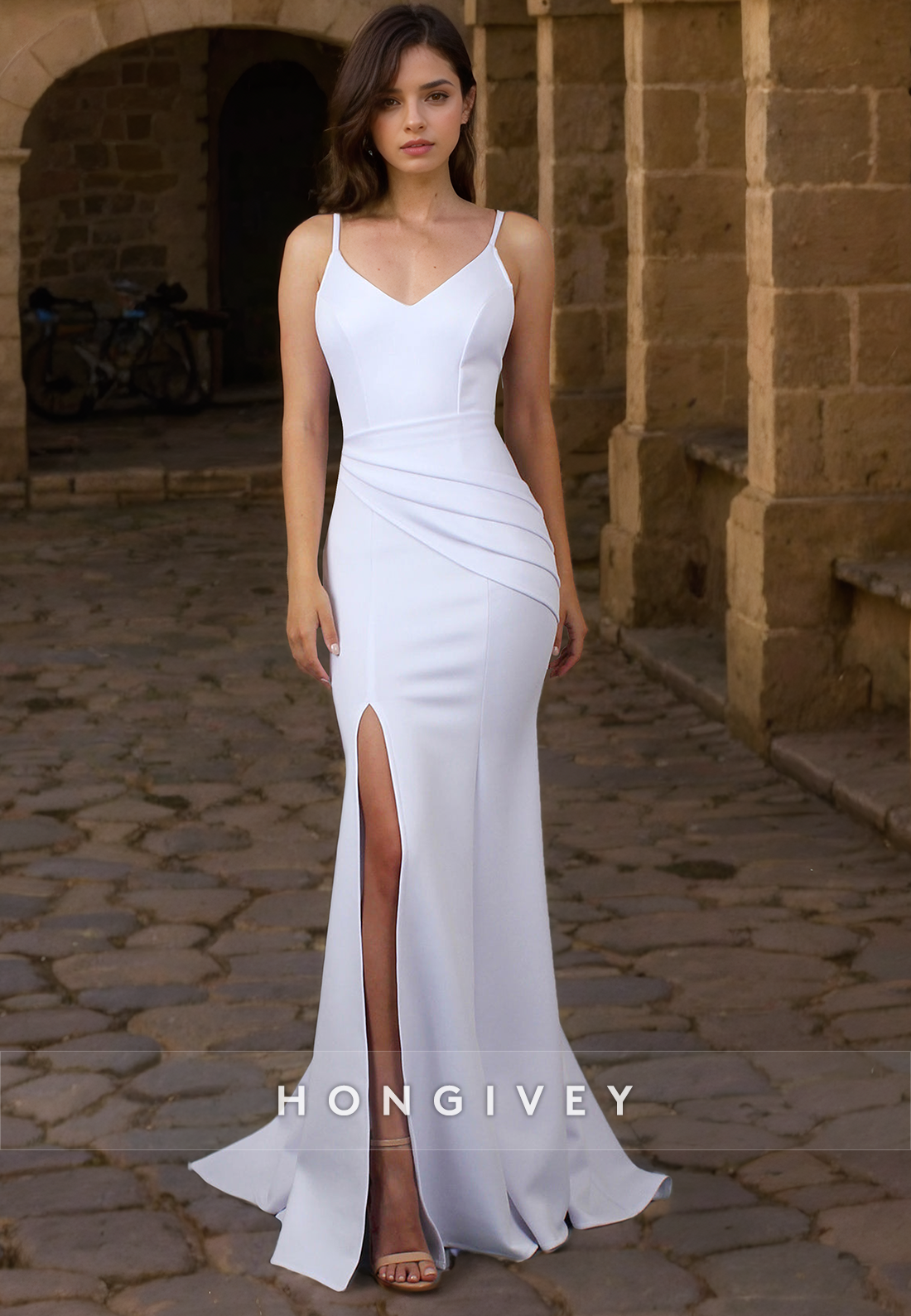 Satin Trumpet Vneck Spaghetti Straps With Side Slit Wedding Dress