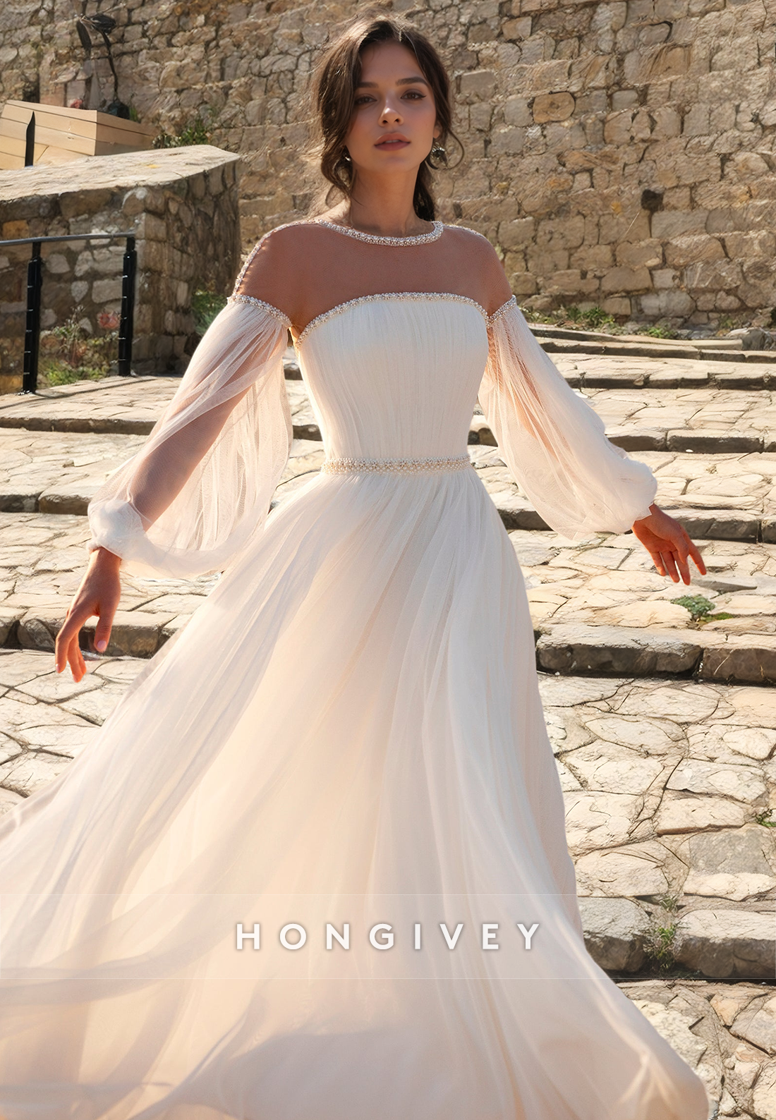 Sheer Aline Round Long Sleeve Beaded Summer Wedding Dress