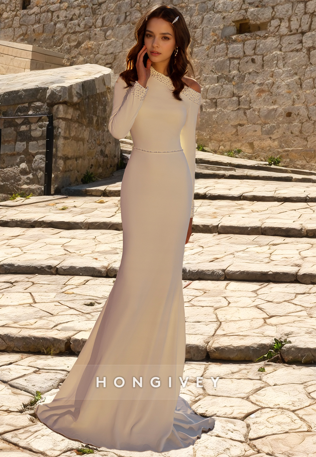 Satin Trumpet Asymmetrical Long Sleeve Beaded Wedding Dress