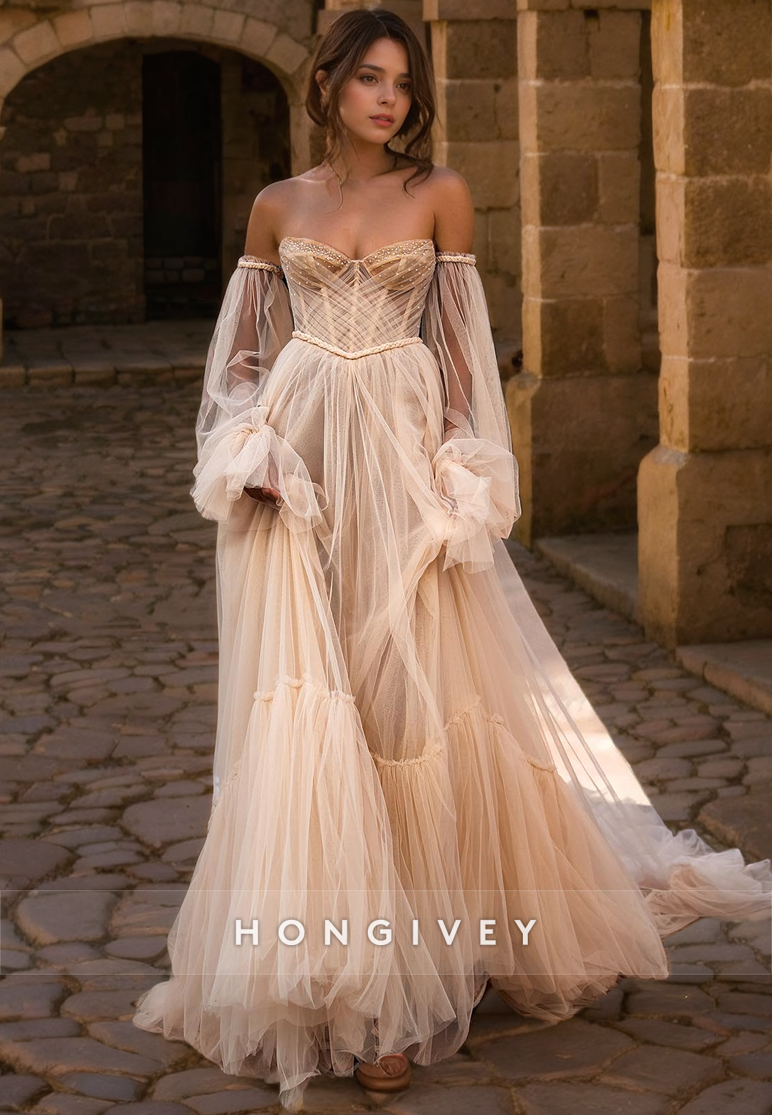 Tulle Aline Offshoulder Beaded Sheer Wedding Dress