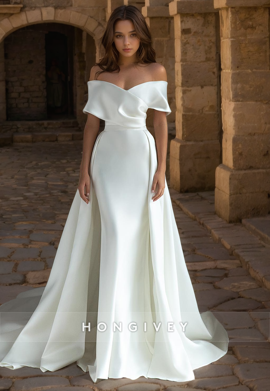 Simplle Satin Trumpet Offshoulder With Train Wedding Dress