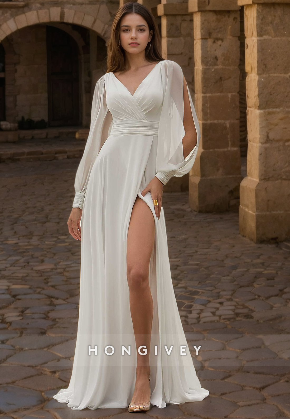 Elegant & Luxurious Vneck Detachable Long Sleeve With Sweep Train Beach Wedding Dress