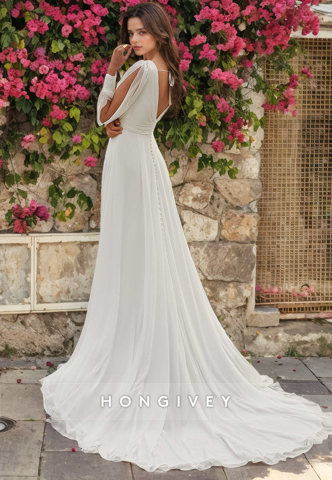 Elegant & Luxurious Vneck Detachable Long Sleeve With Sweep Train Beach Wedding Dress