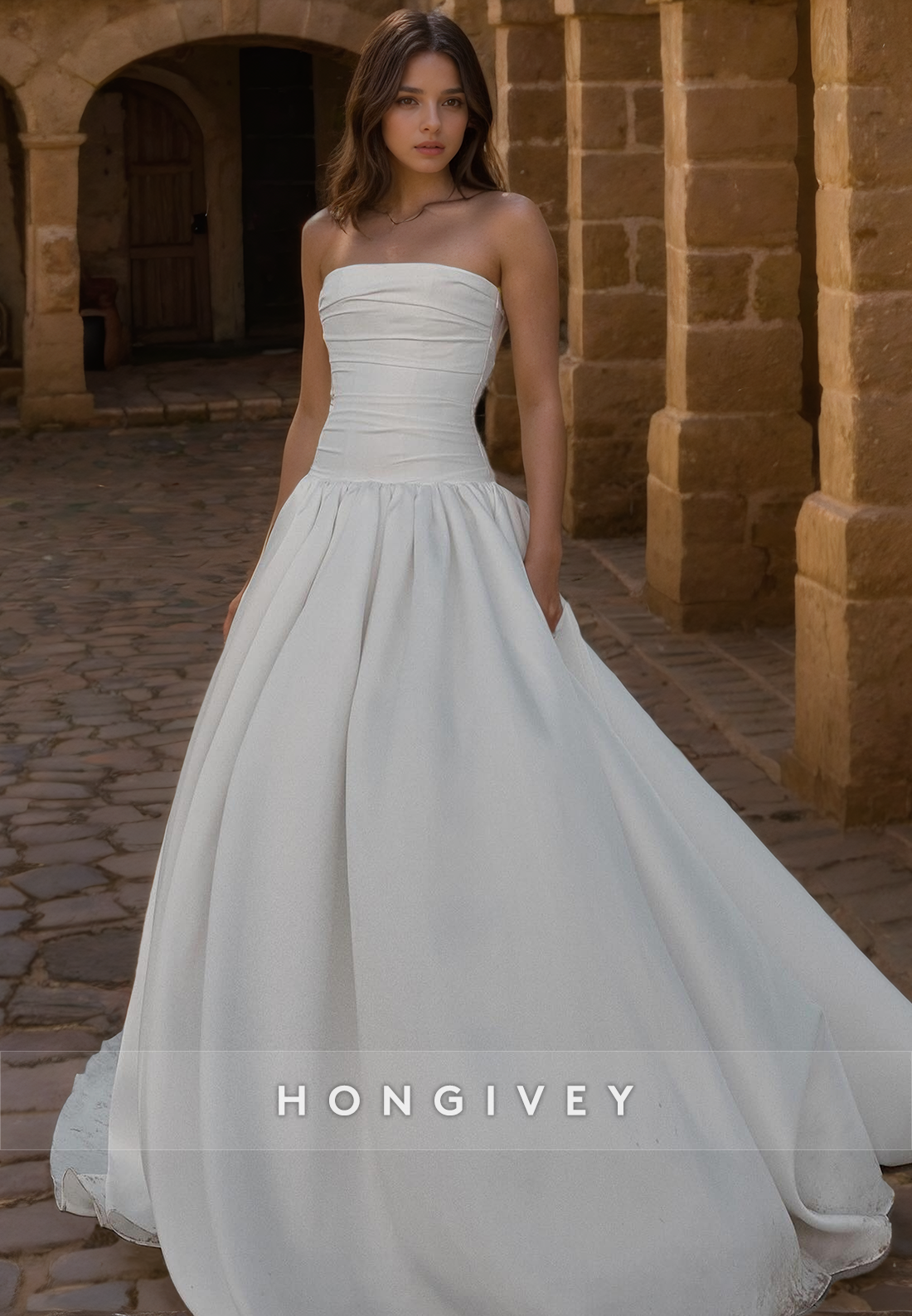 Simple Satin Aline Strapless Sleeveless With Train Wedding Dress