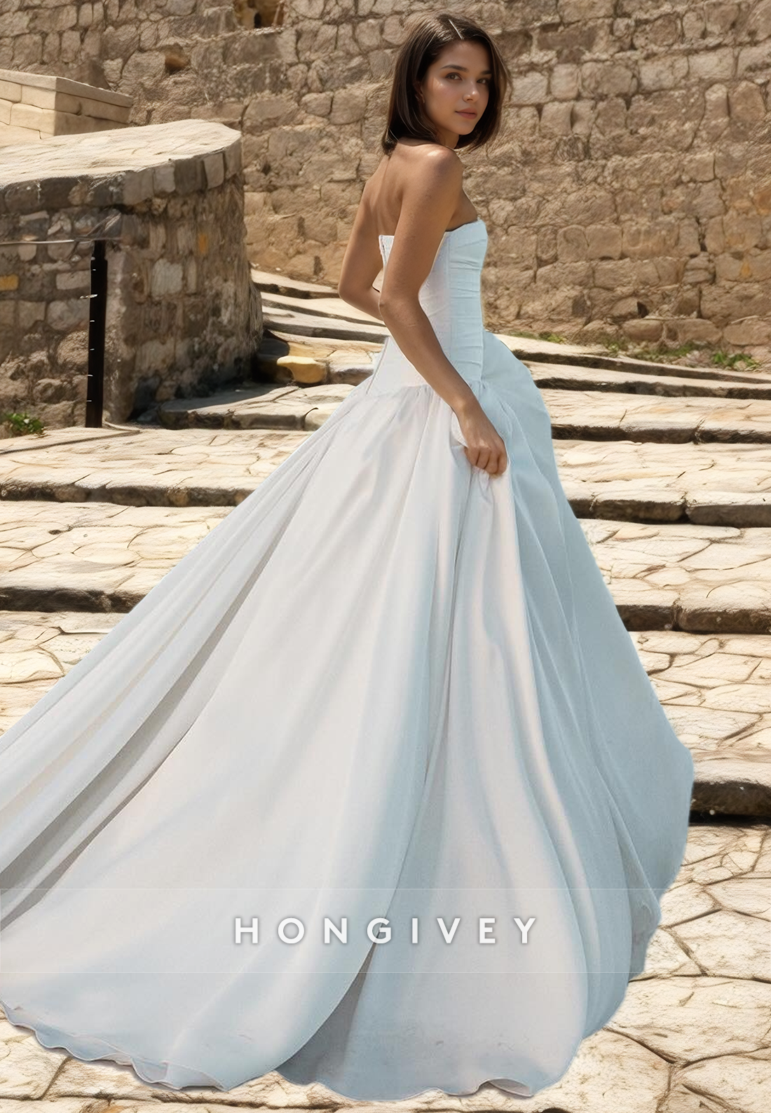 Simple Satin Aline Strapless Sleeveless With Train Wedding Dress