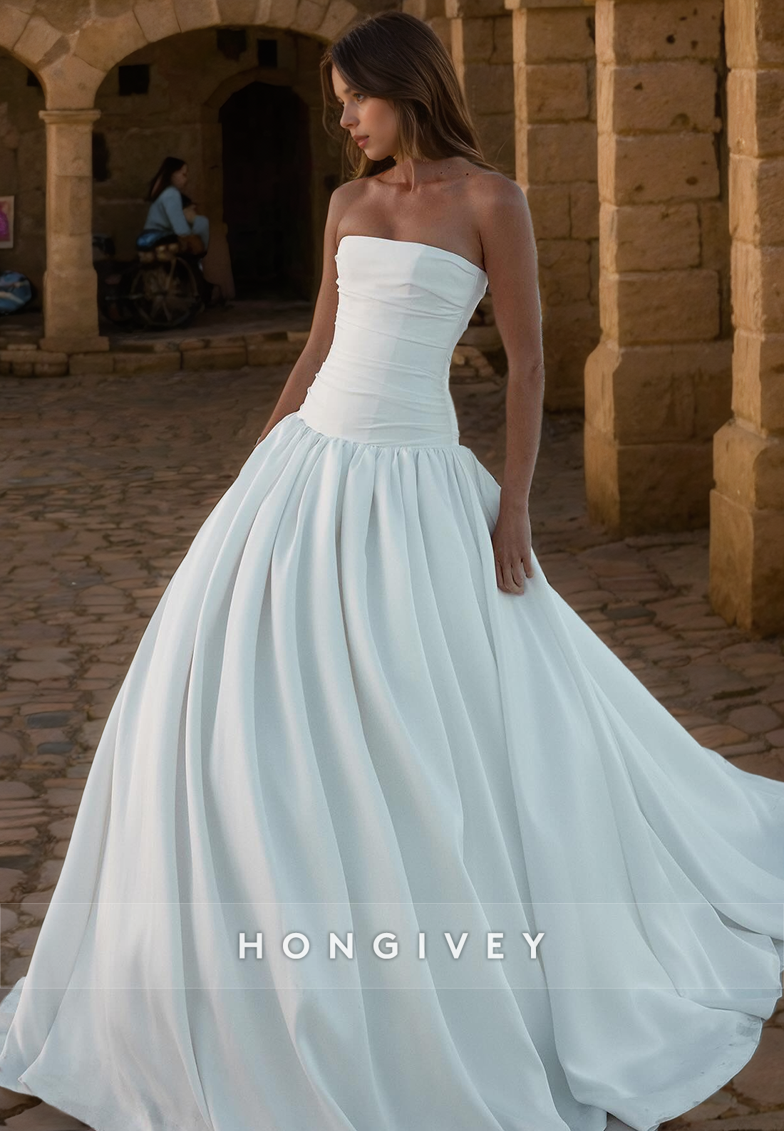 Simple Satin Aline Strapless Sleeveless With Train Wedding Dress