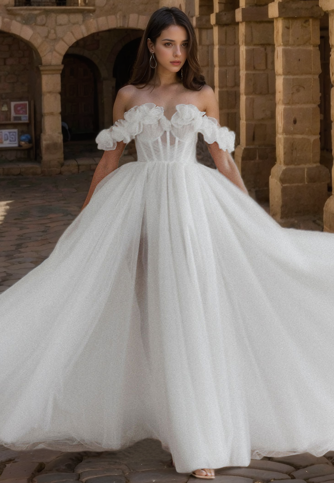 Sheer Tulle Aline Offshoulder Empire Wedding Dress