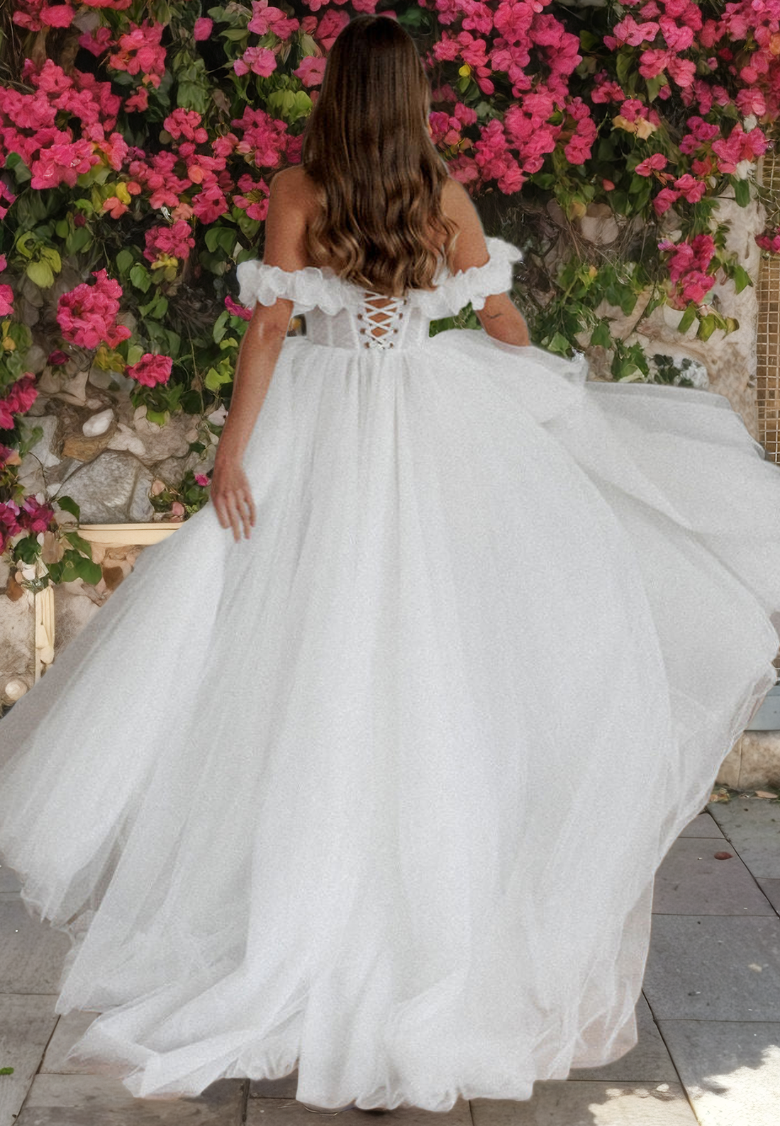 Sheer Tulle Aline Offshoulder Empire Wedding Dress