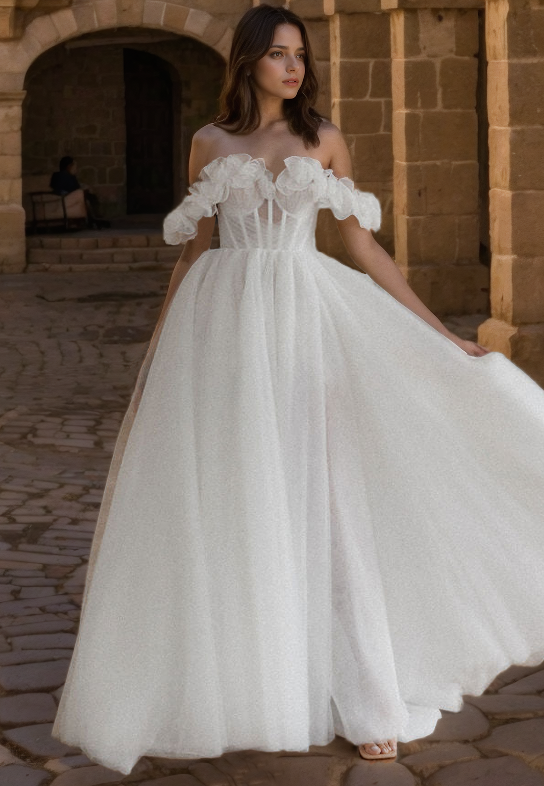 Sheer Tulle Aline Offshoulder Empire Wedding Dress