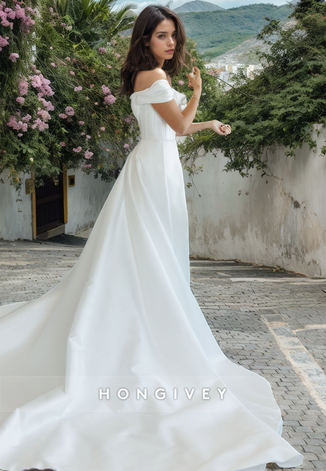 Satin Aline Offshoulder Sleeveless With Side Slit Wedding Dress