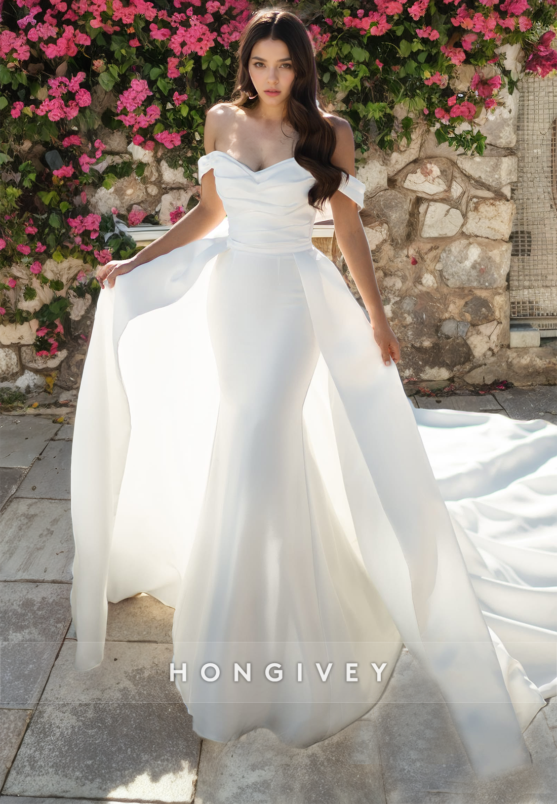 Chic Satin Fitted Offshoulder With Train Laceup Wedding Dress