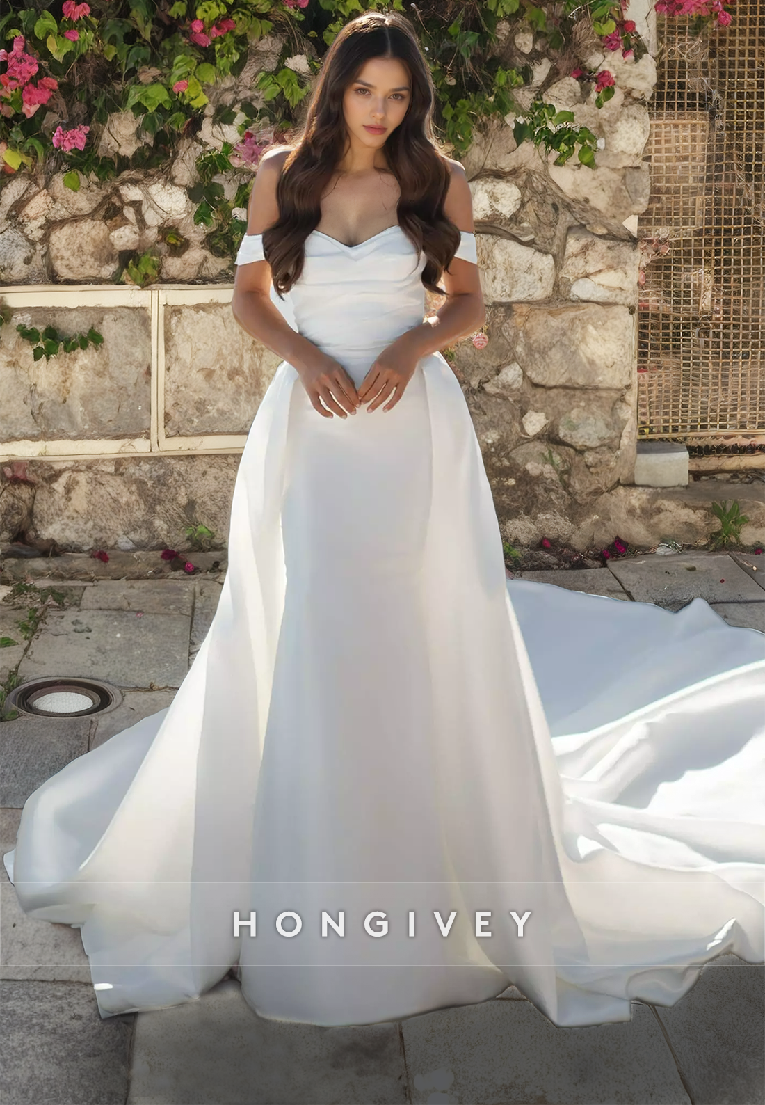 Chic Satin Fitted Offshoulder With Train Laceup Wedding Dress