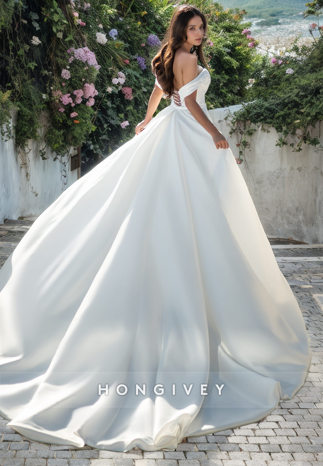 Popular Offshoulder With Train Satin Long Beach Wedding Dress