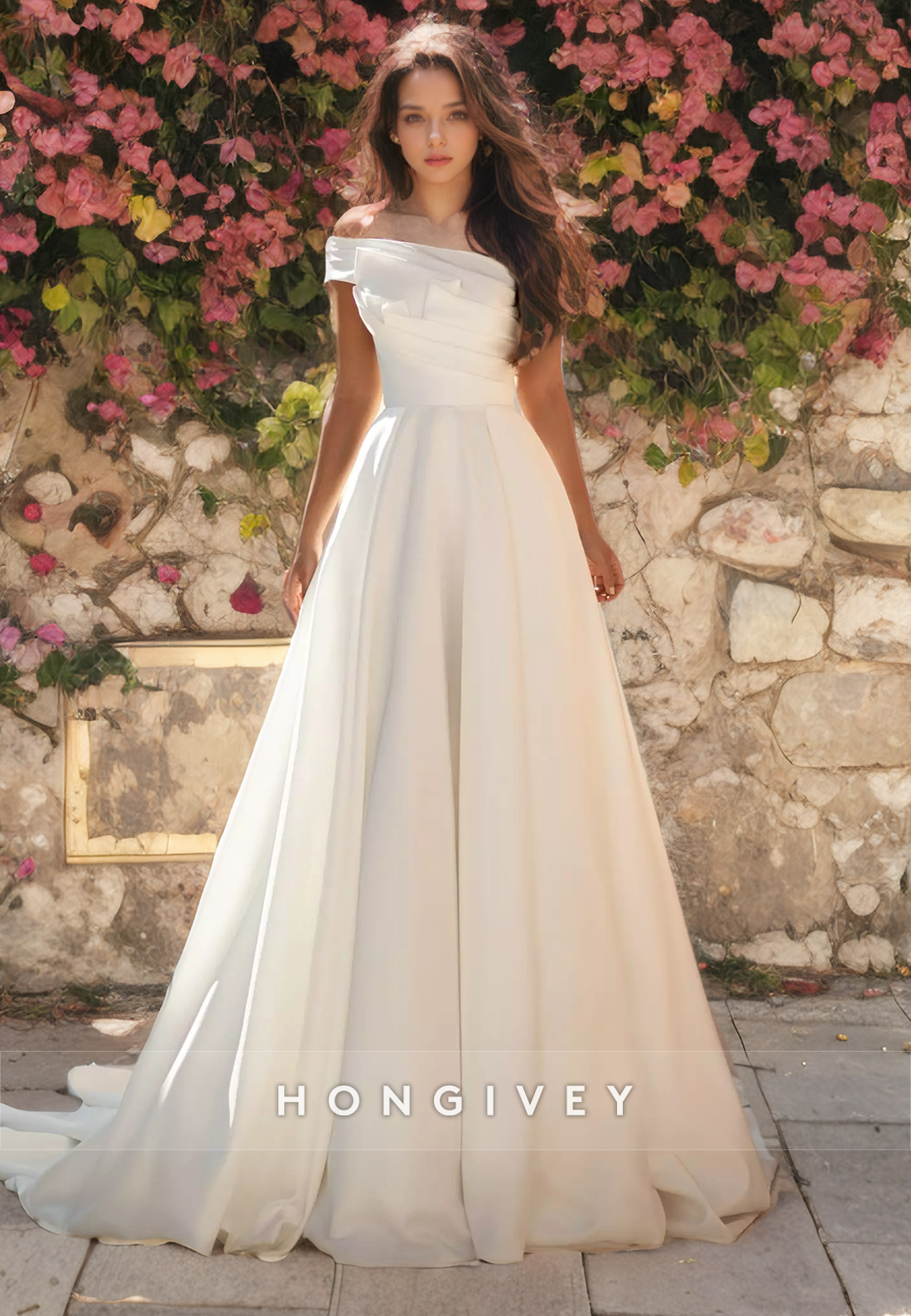 Popular Satin Empire Ruched Aline Long Wedding Dress