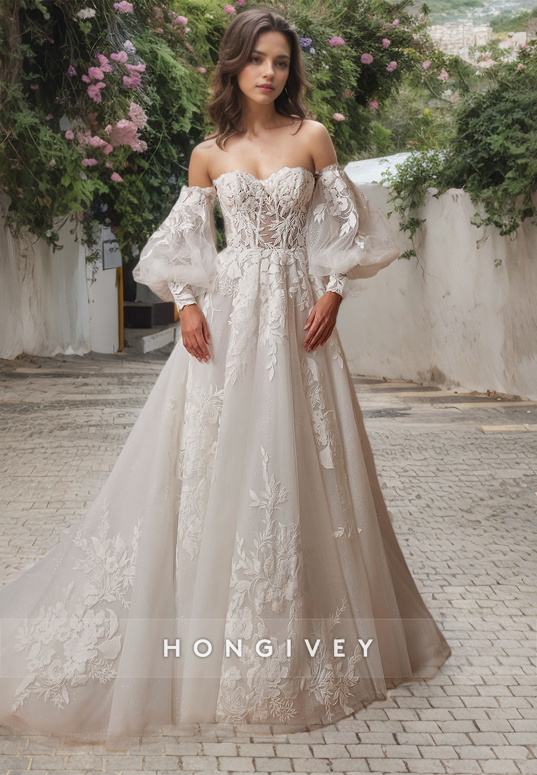 Aline Sweetheart Long Sleeve Lace Applique Tulle Wedding Dress