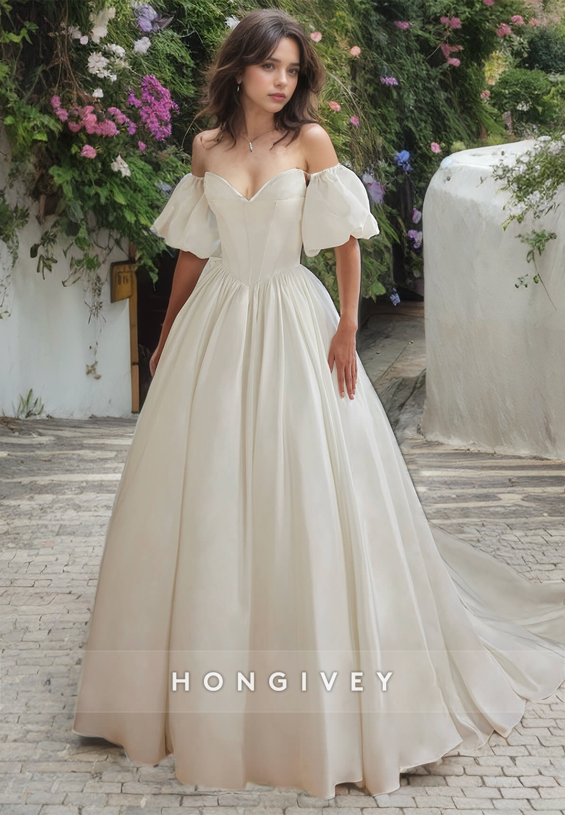 Chic Satin Aline Sweetheart Puff Sleeves Wedding Dress