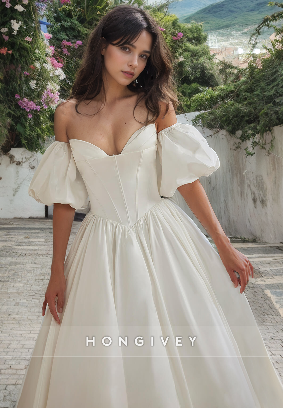 Chic Satin Aline Sweetheart Puff Sleeves Wedding Dress