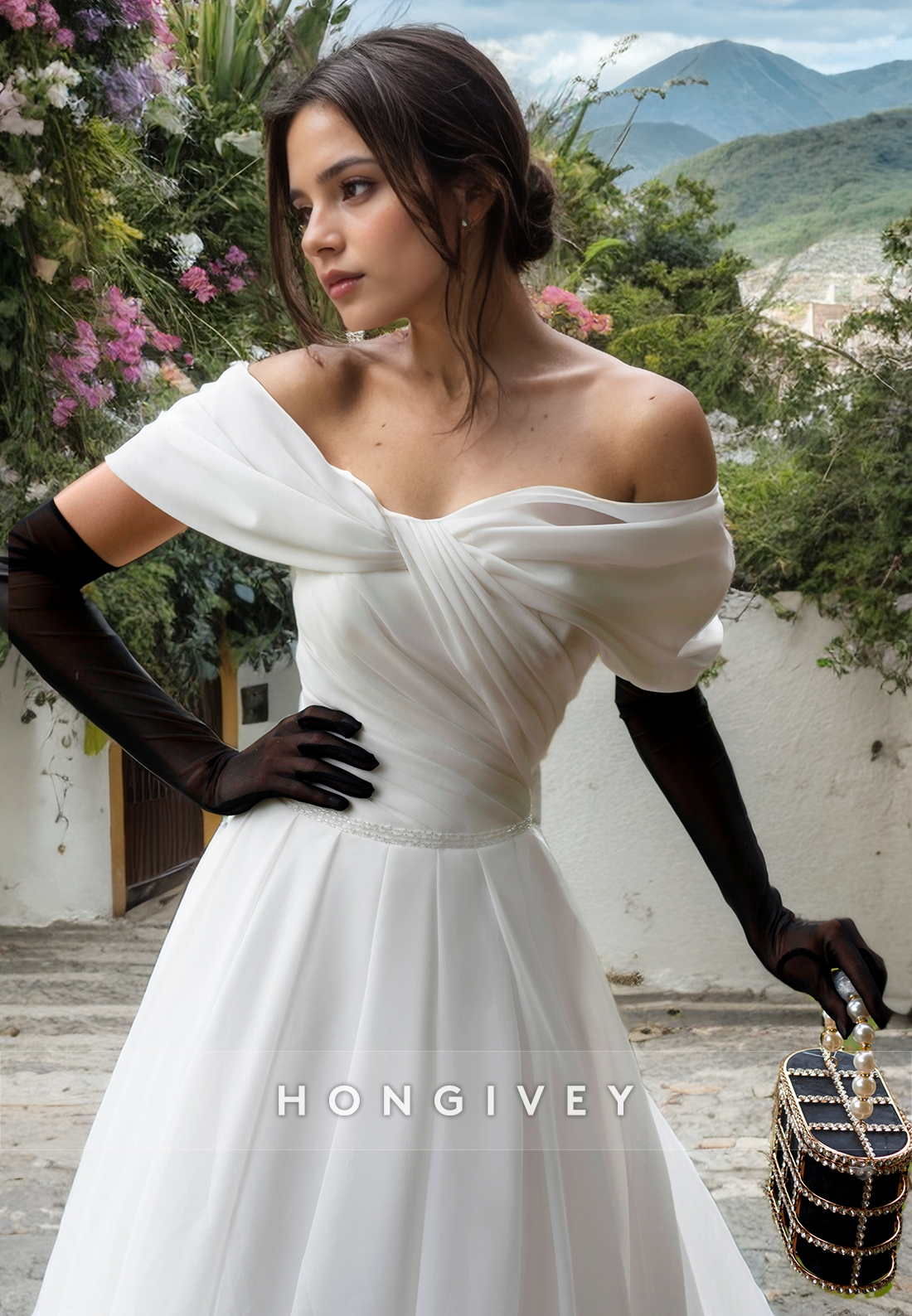 Classical/Sexy Offshoulder Empire Ruched With Train Long Boho/Beach Wedding Dress