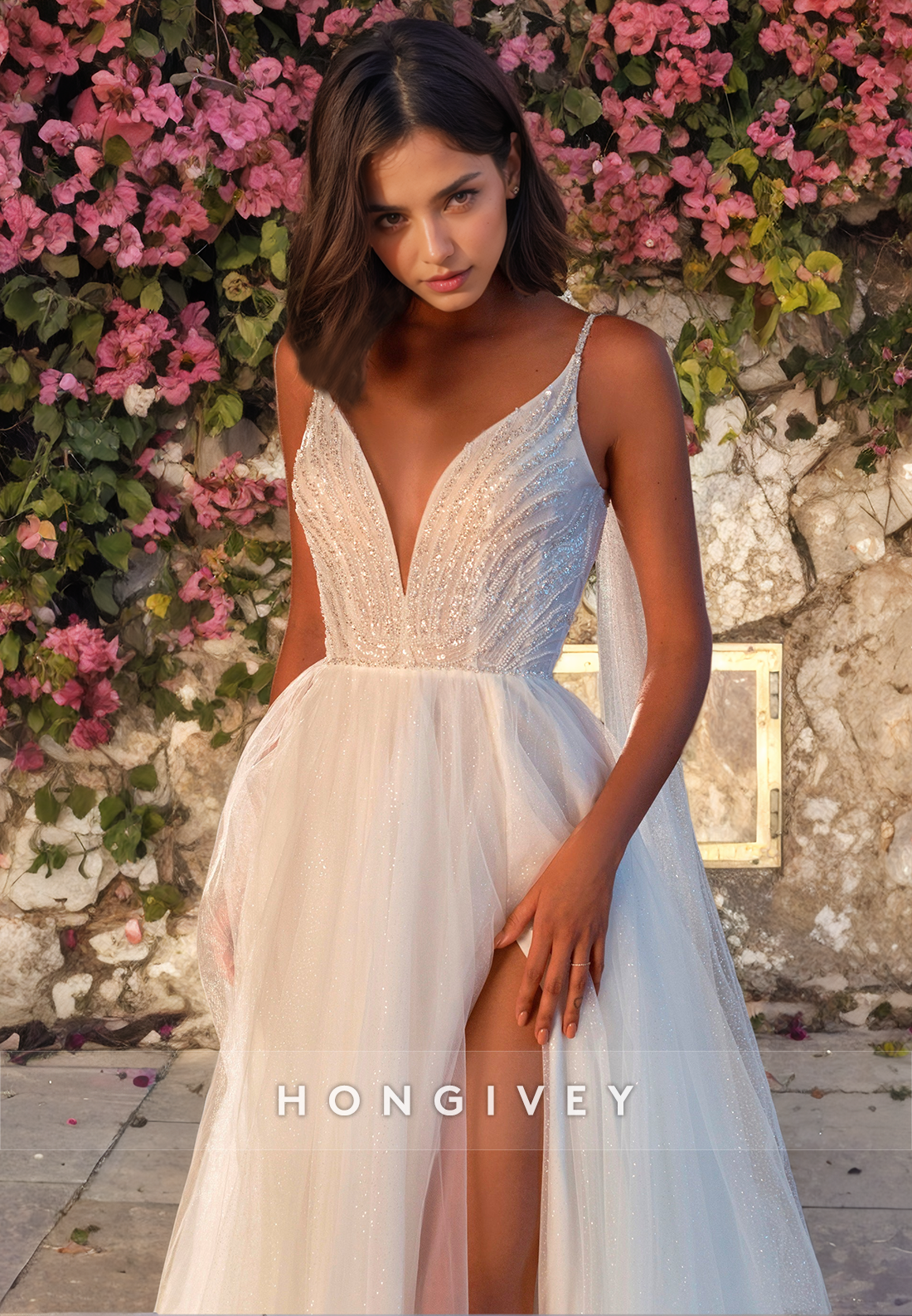 Sexy Vneck Spaghetti Straps Backless With Side Slit Long Beach/Bohemian Wedding Dress